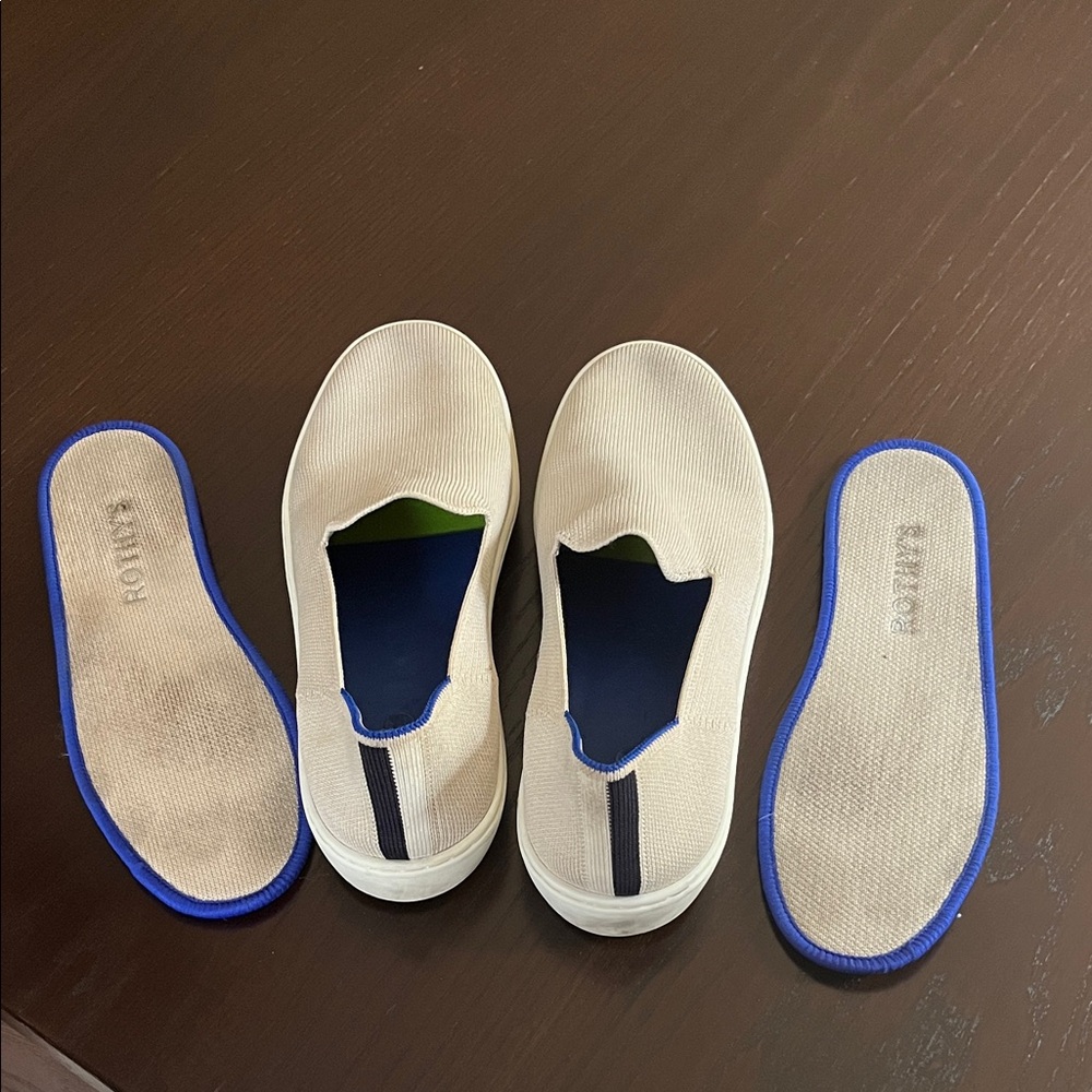Rothy's Beige Slip-On Flats with Blue Trim